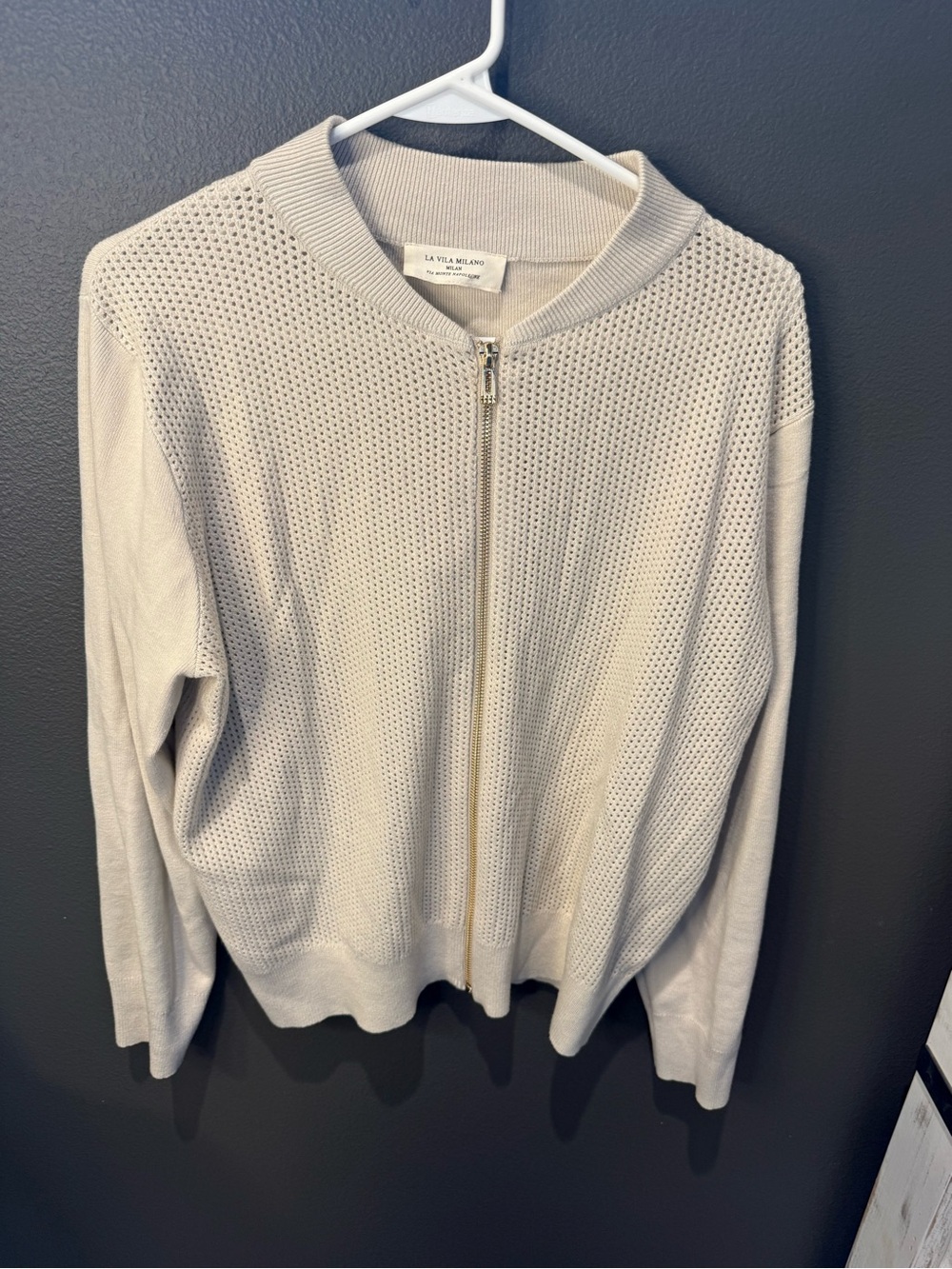 Cream Perforated Knit Bomber Jacket
